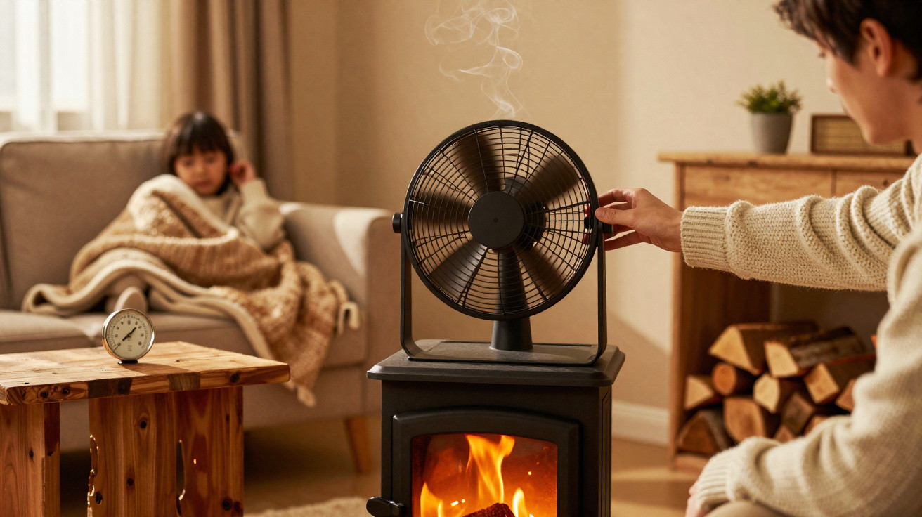 Pessoa ajustando ventilador em aquecedor a lenha com criança enrolada em cobertor no sofá ao fundo.