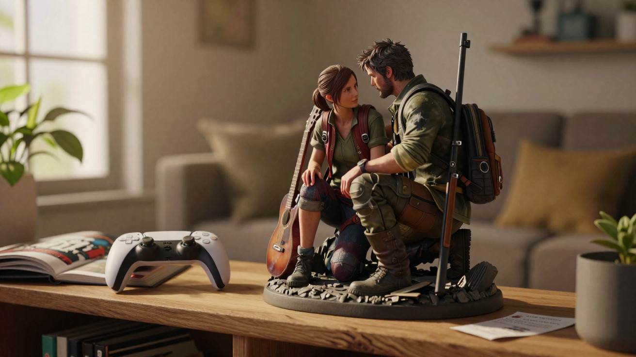 Estatueta detalhada de casal ajoelhado com mochilas e guitarra, sobre mesa com controle de vídeo game.