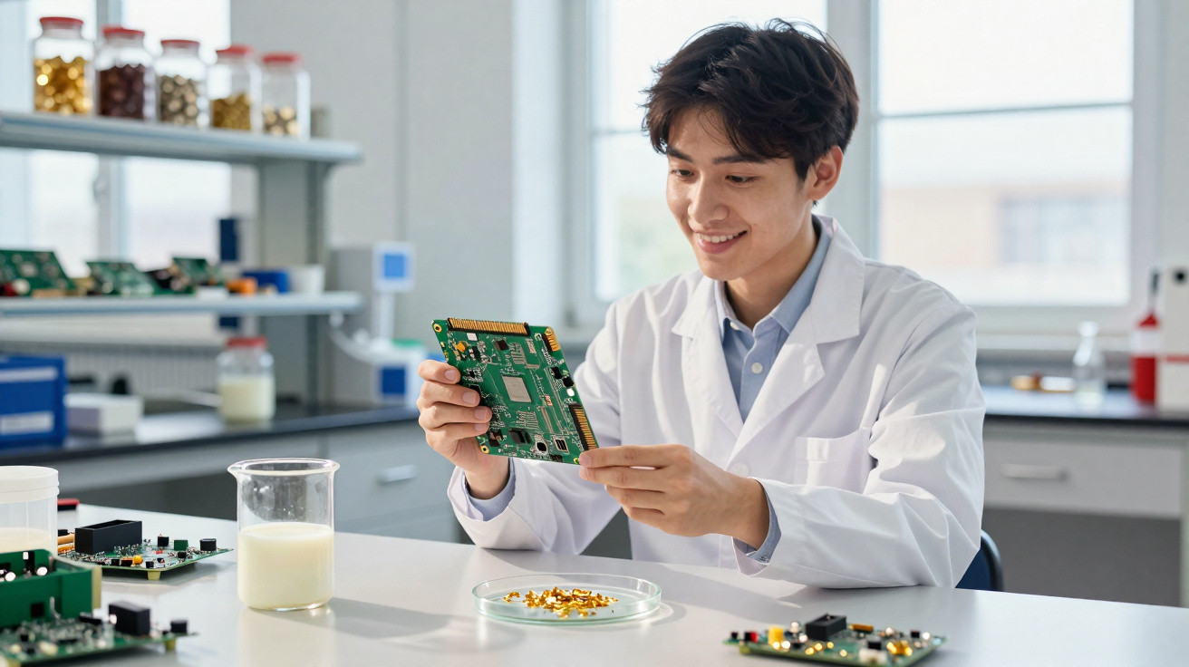 Homem em jaleco branco analisando placa de circuito em laboratório com equipamentos eletrônicos sobre a mesa.