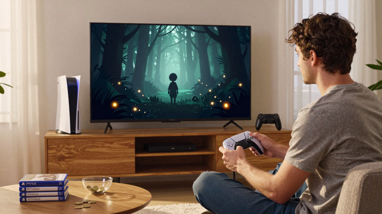 Homem sentado no sofá jogando videogame em console PlayStation com TV exibindo jogo de floresta escura.