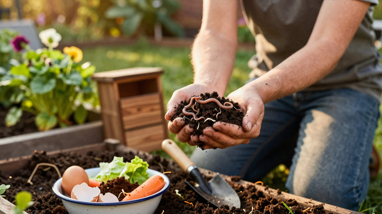 Pessoa segurando minhocas com terra em jardim, ao lado de pá e recipiente com casca de ovo e legumes.