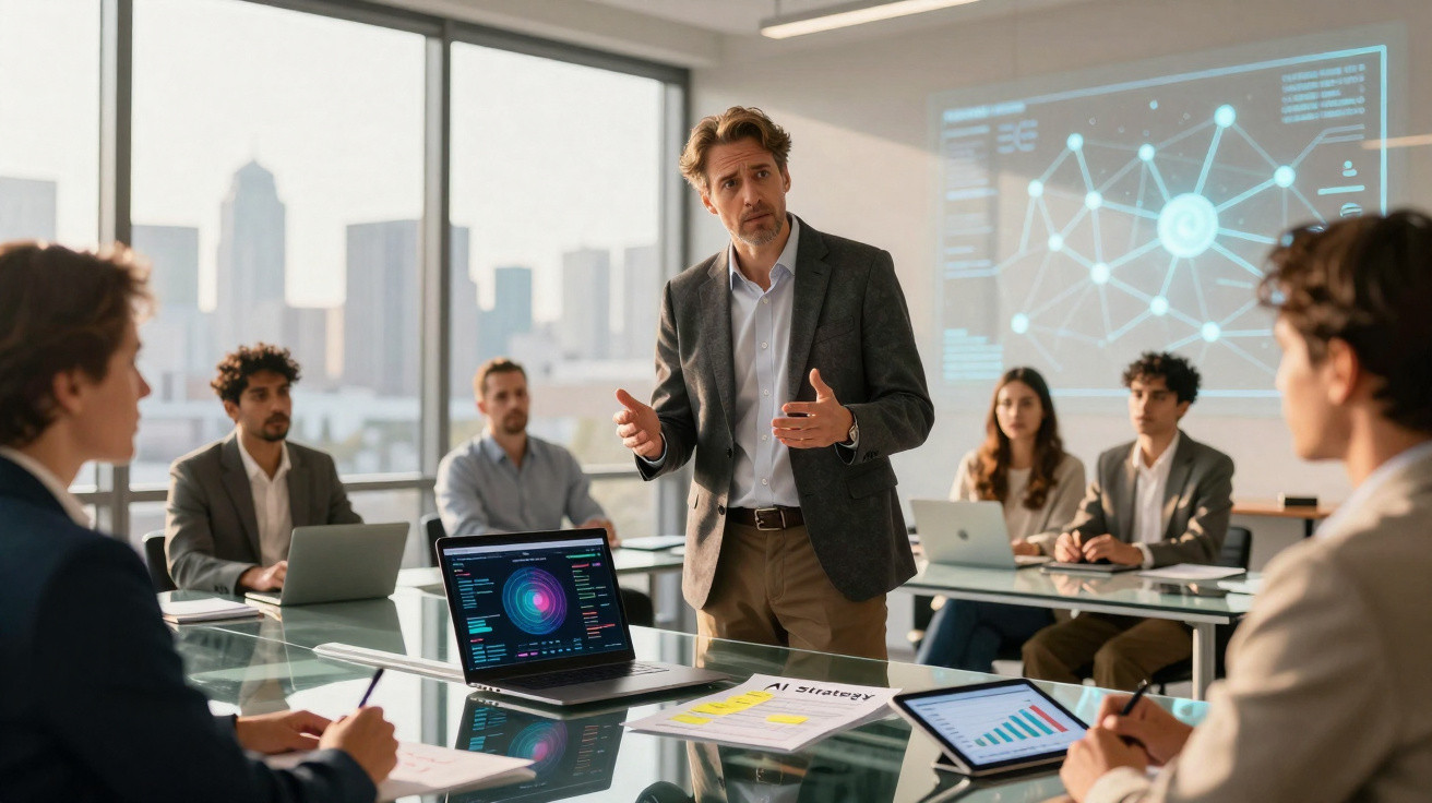 Homem em reunião corporativa apresenta dados de análise com equipe em sala moderna com vista para cidade.