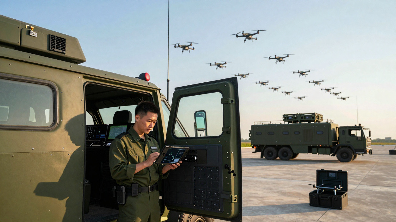 Militar operando tablet em veículo militar, com frota de drones voando e caminhão na base aérea ao fundo.