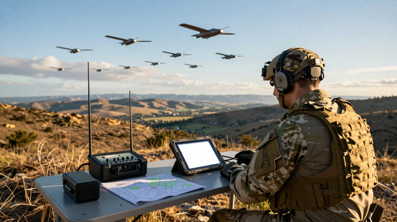 Militar usando equipamento tecnológico em mesa ao ar livre observando formação de drones voando sobre colinas.