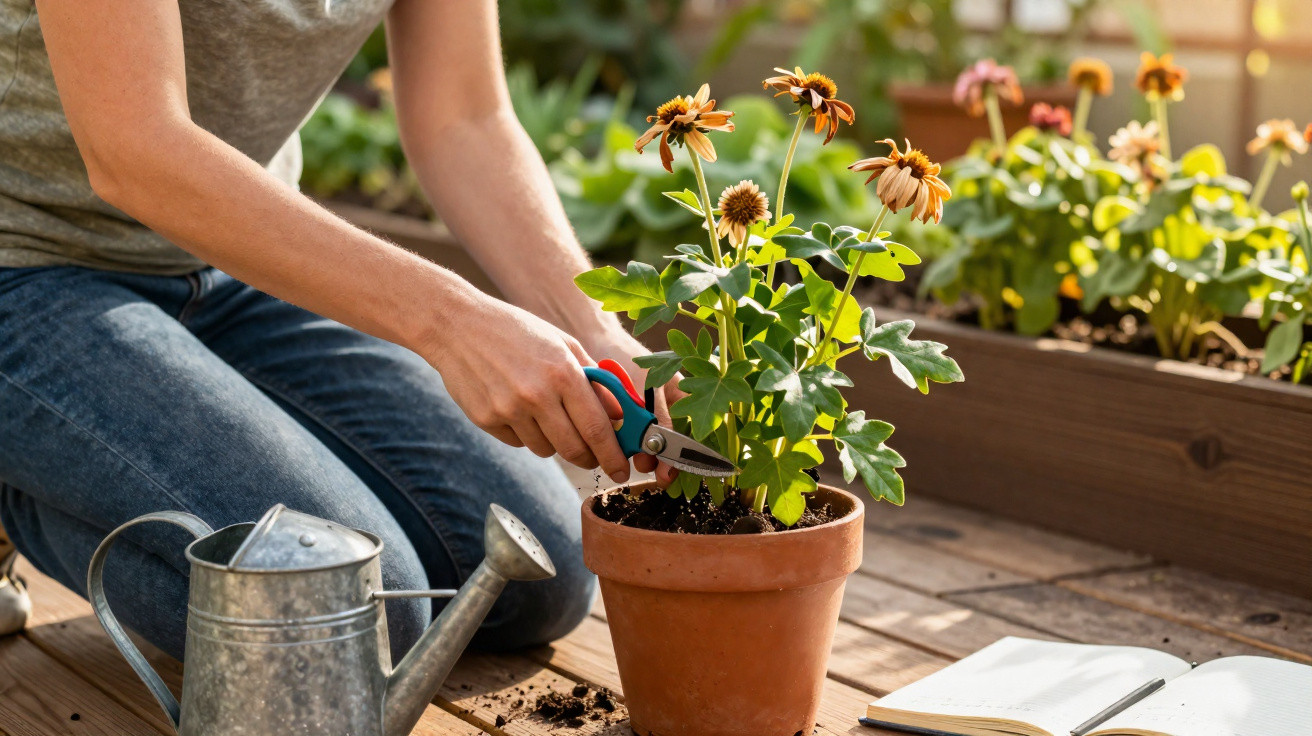 Pessoa podando flores em vaso de barro, com regador e caderno ao redor, em jardim ao ar livre.