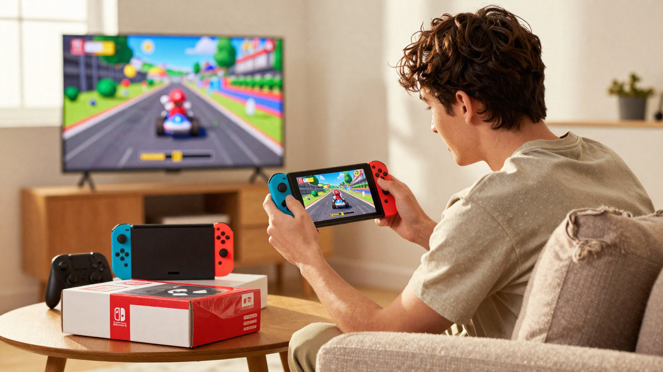 Homem jogando videogame Nintendo Switch segurando o controle com jogo de corrida na tela.