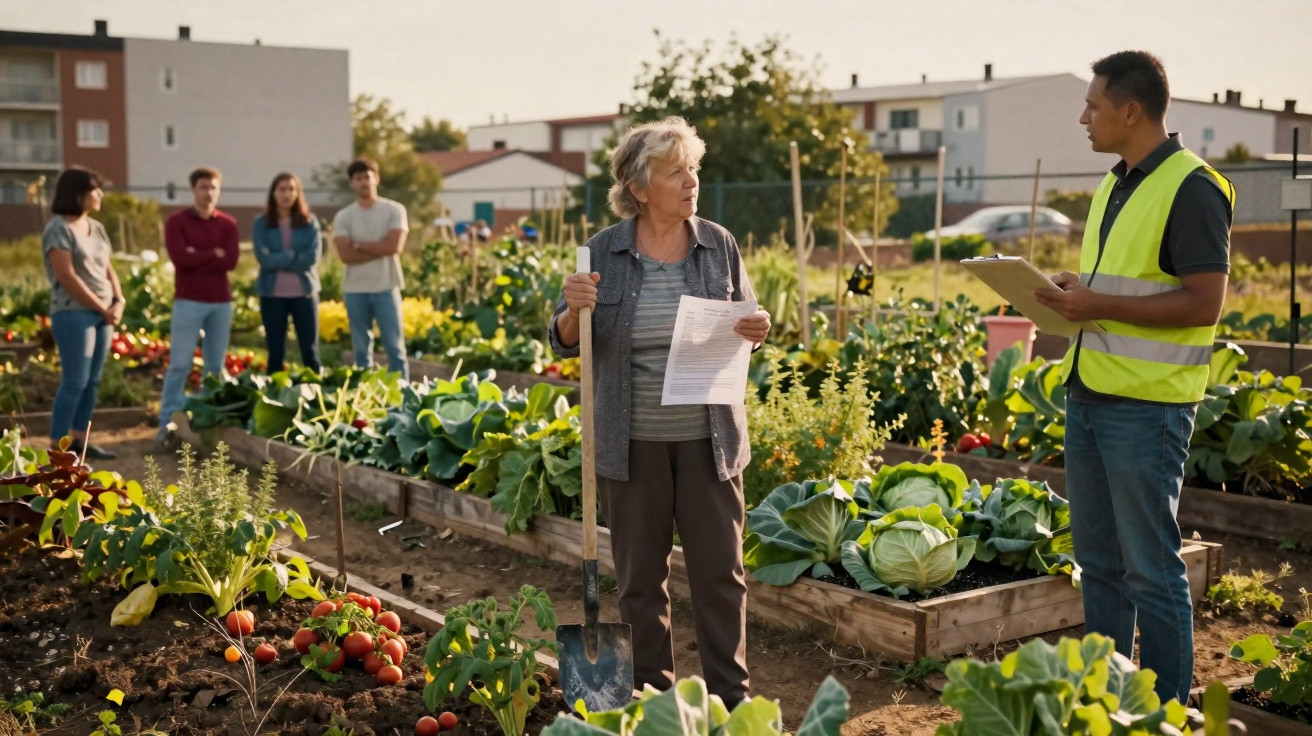 Idosa segurando pá fala com homem de colete refletivo em horta comunitária cheia de verduras e tomates.