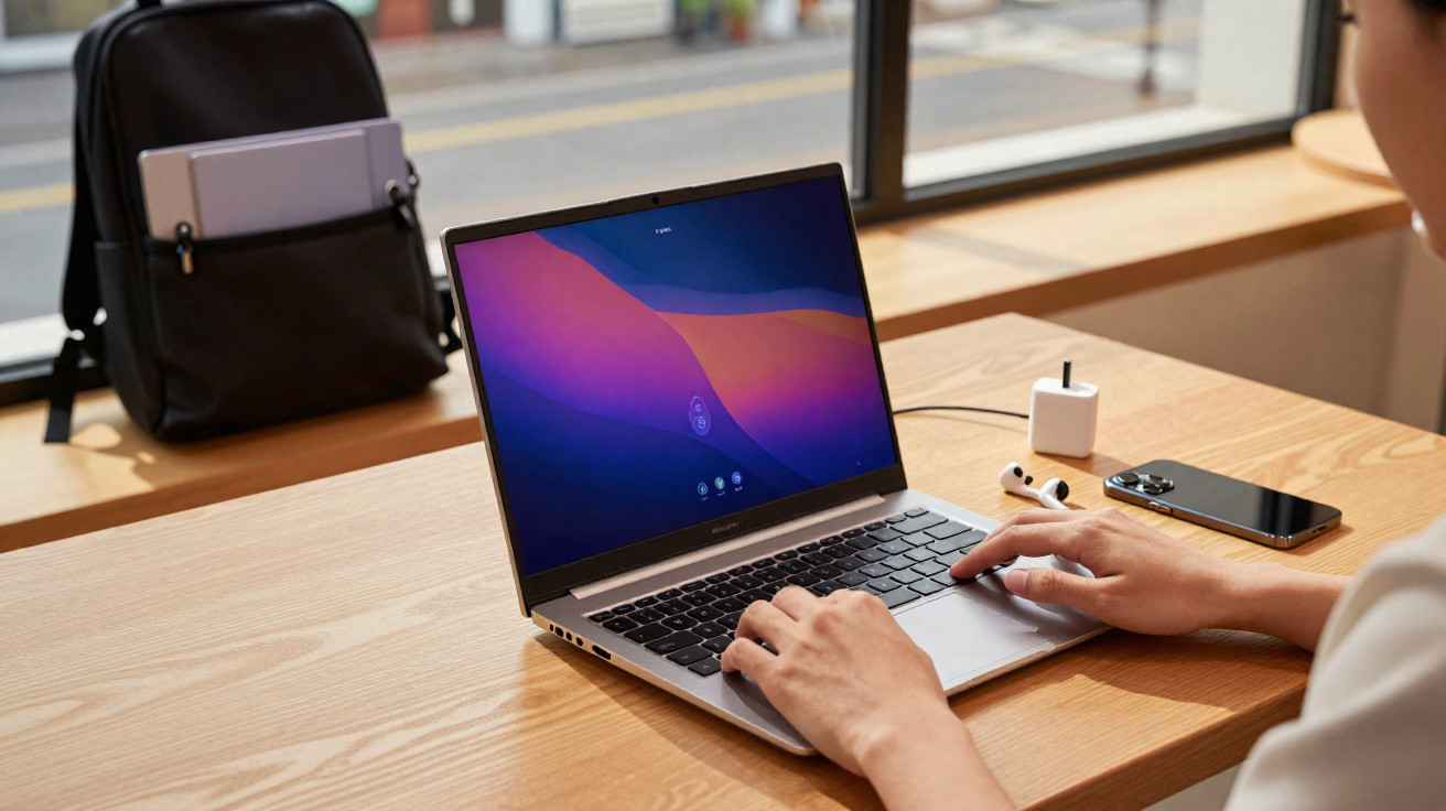 Pessoa digitando em laptop em mesa de madeira com fones, celular e mochila ao fundo perto da janela.