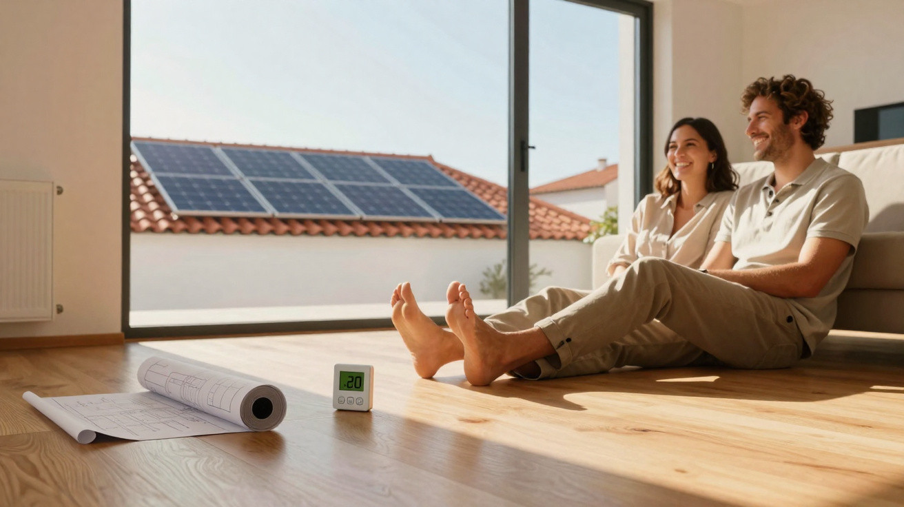 Casal sentado no chão de sala iluminada, com plantas solares visíveis pela janela e plantas na planta ao lado.