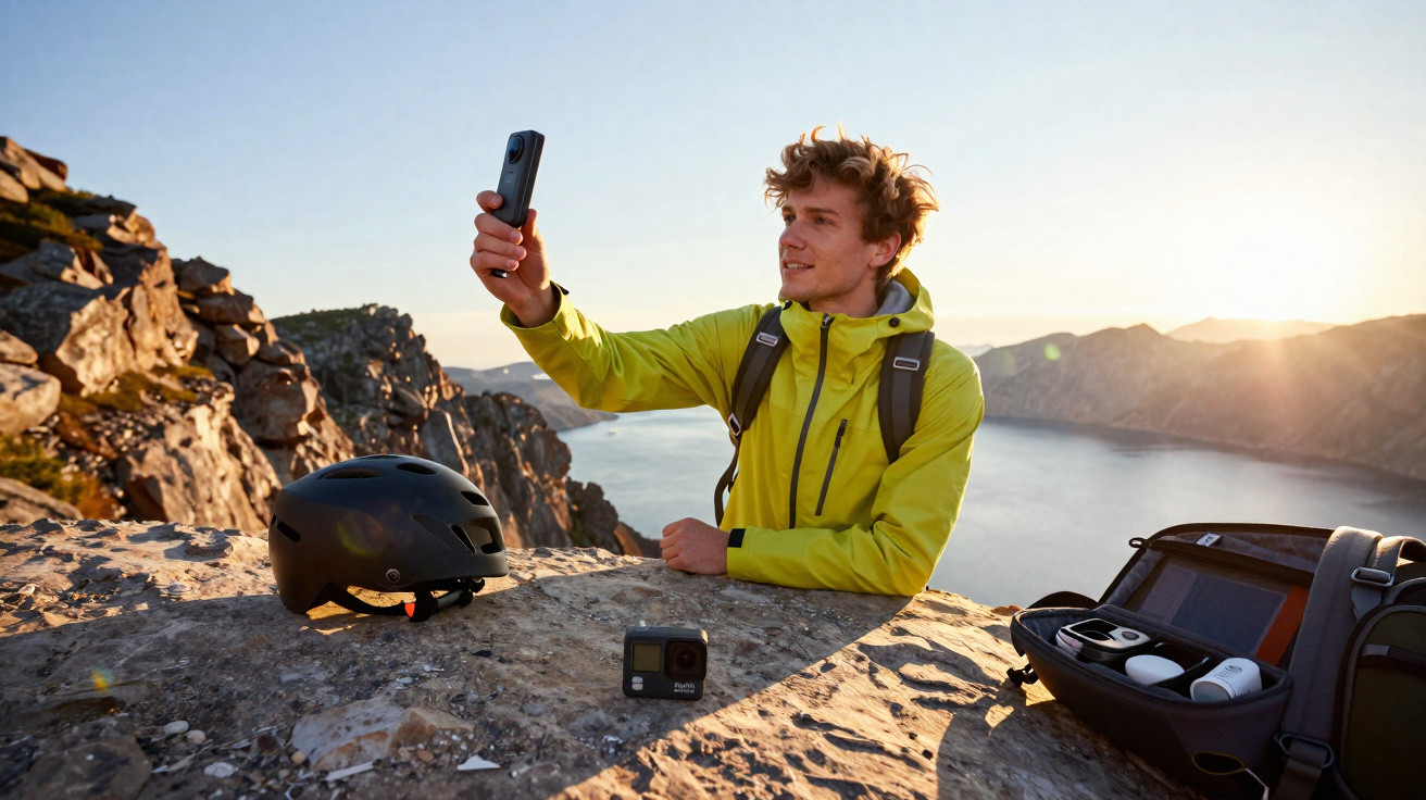 Jovem com jaqueta verde faz selfie no topo de montanha ao pôr do sol, com equipamentos ao redor.