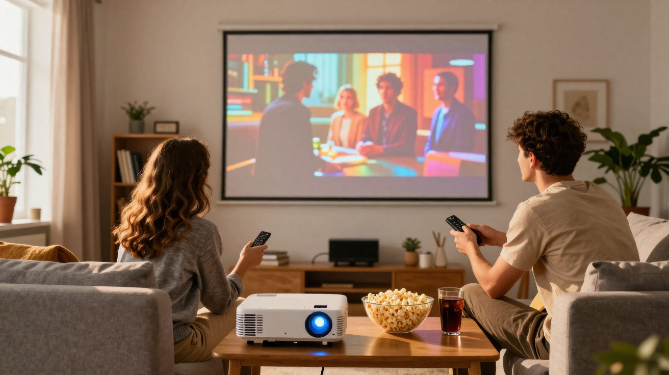 Casal assistindo filme projetado na parede, com balde de pipoca e bebida na mesa da sala.
