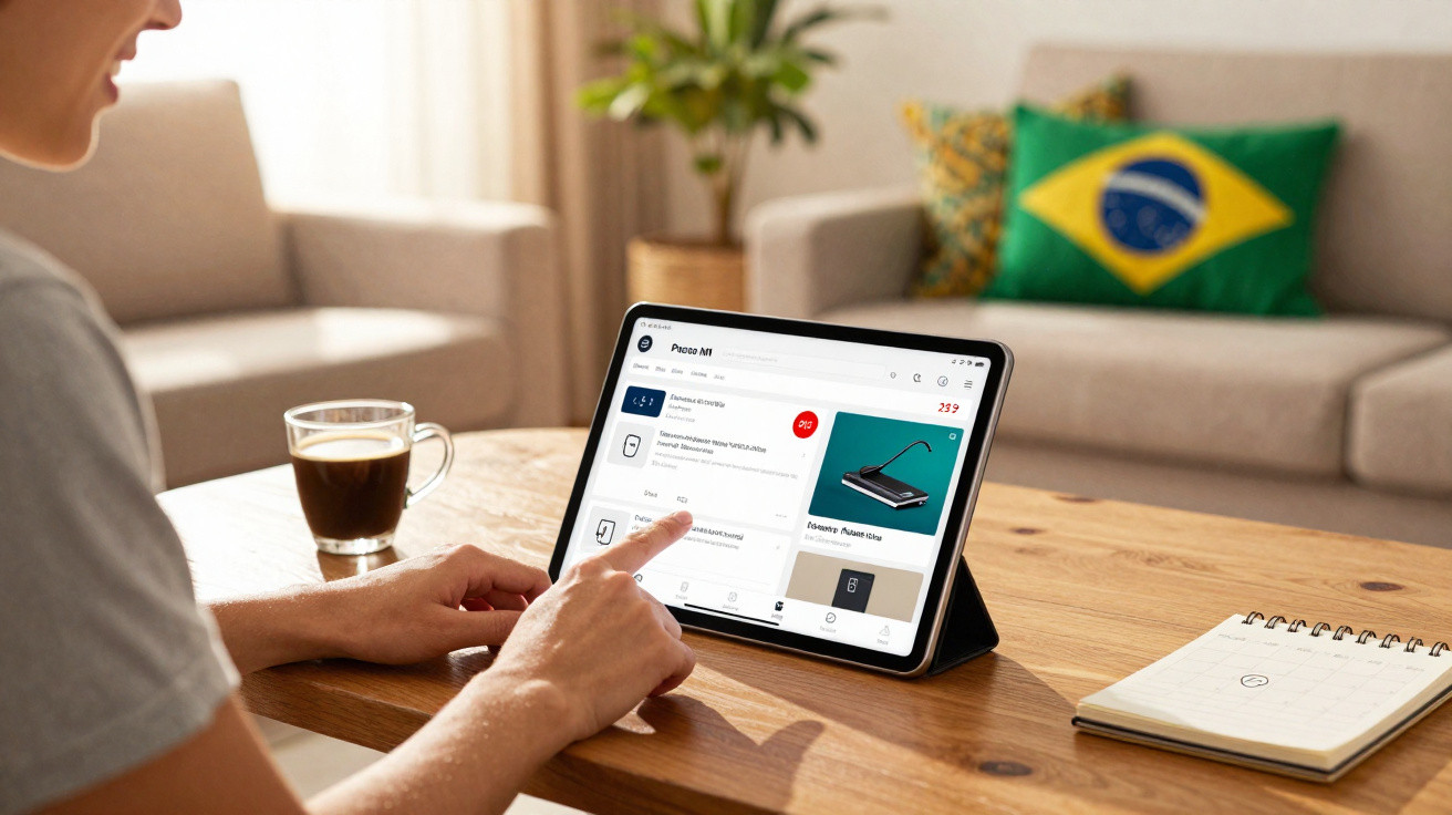 Pessoa acessando site de compras em tablet sobre mesa com café, caderno e sofá com almofada do Brasil ao fundo.