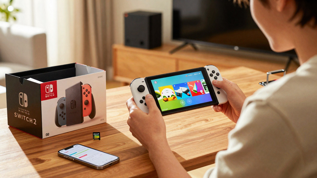 Pessoa segurando console Nintendo Switch 2 branco, com caixa, jogo em cartão e celular sobre mesa de madeira.
