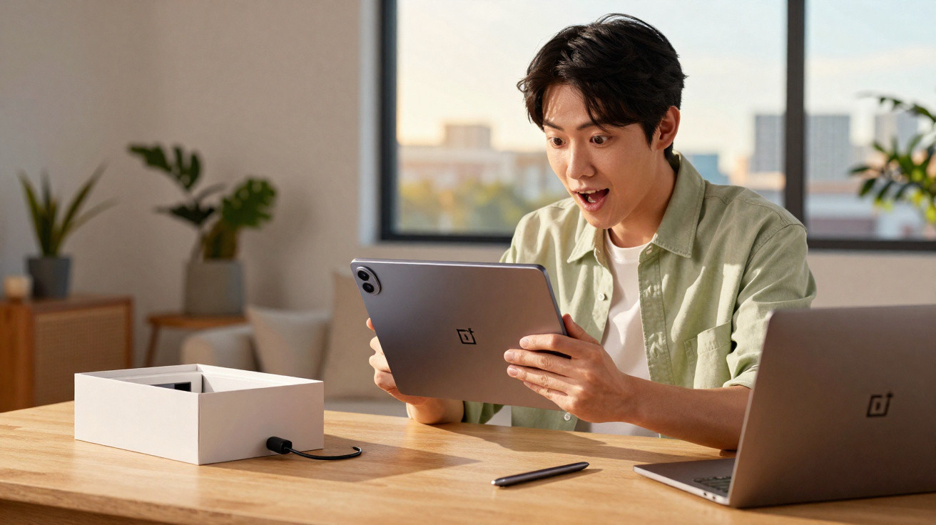 Homem surpreso usando tablet OnePlus em mesa com laptop, caneta e caixas ao redor em ambiente claro.