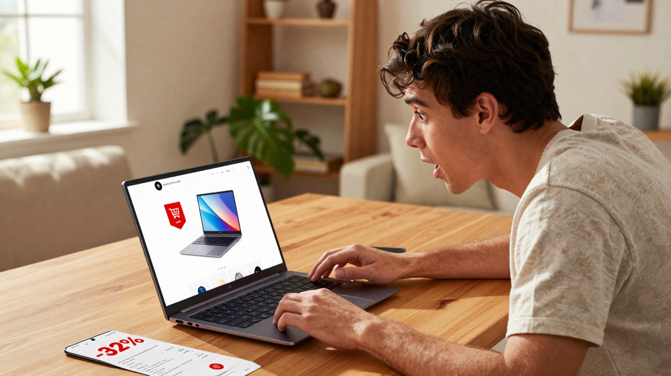 Jovem surpreso vendo desconto de 32% em laptop no computador em mesa de madeira.