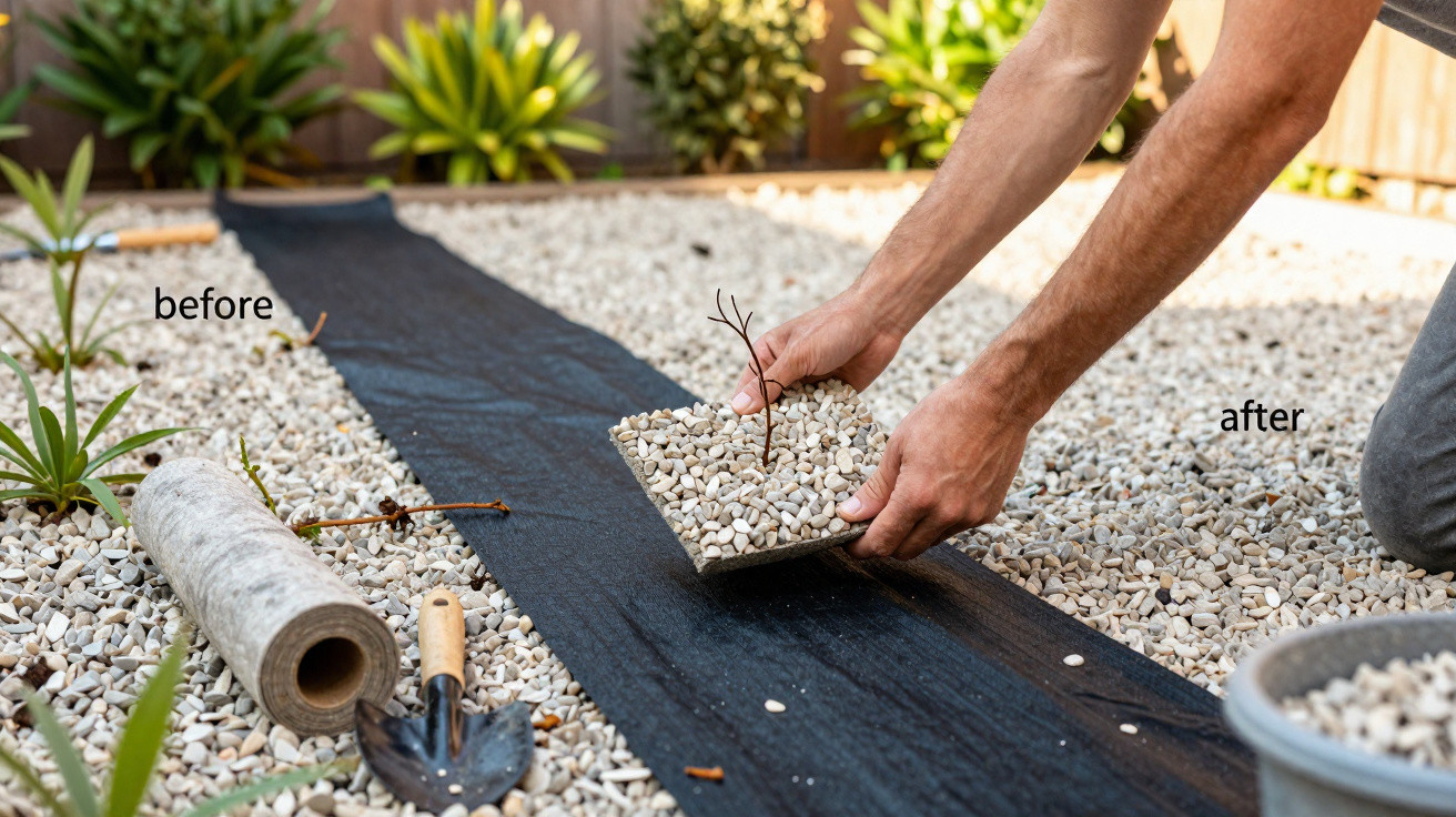 Pessoa colocando placa com pedras sobre manta preta em jardim com pedras brancas ao redor.