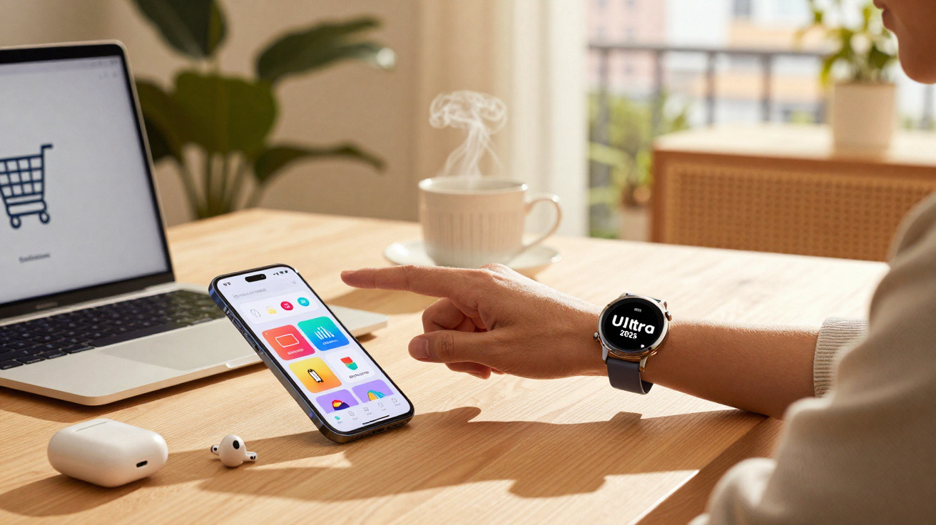 Pessoa usando smartwatch e interagindo com smartphone perto de laptop e fones de ouvido sobre mesa de madeira.