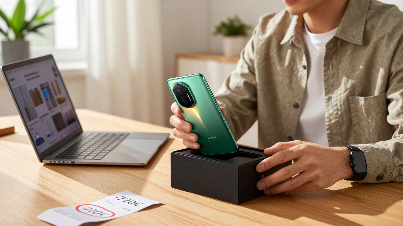 Pessoa segurando celular verde novo ao lado de caixa preta com laptop e papel de preço sobre mesa de madeira.