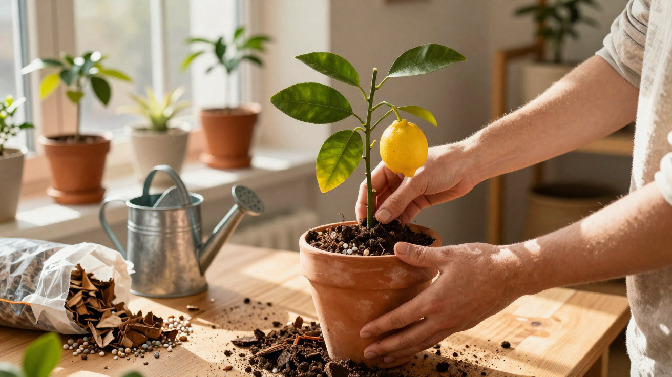 Pessoa cuidando de muda de limão em vaso de barro sobre mesa com terra e regador.