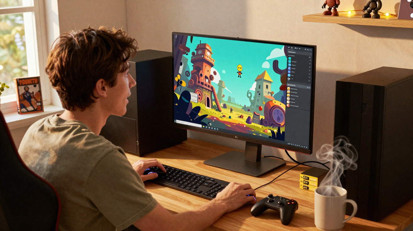 Jovem jogando ou trabalhando em computador com jogo colorido na tela, xícara fumegante e controle próximo.
