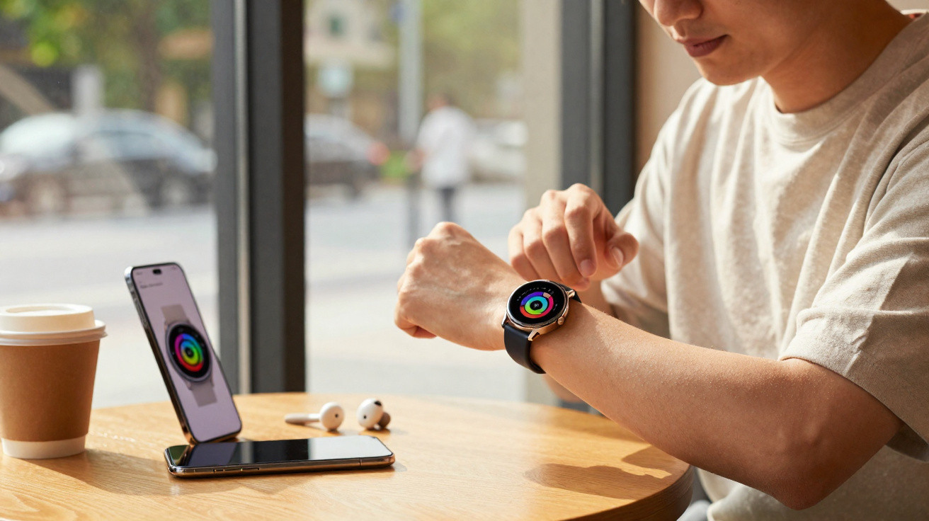 Homem sentado em mesa de madeira usa smartwatch com gráfico colorido, com smartphone, fones e café ao lado.
