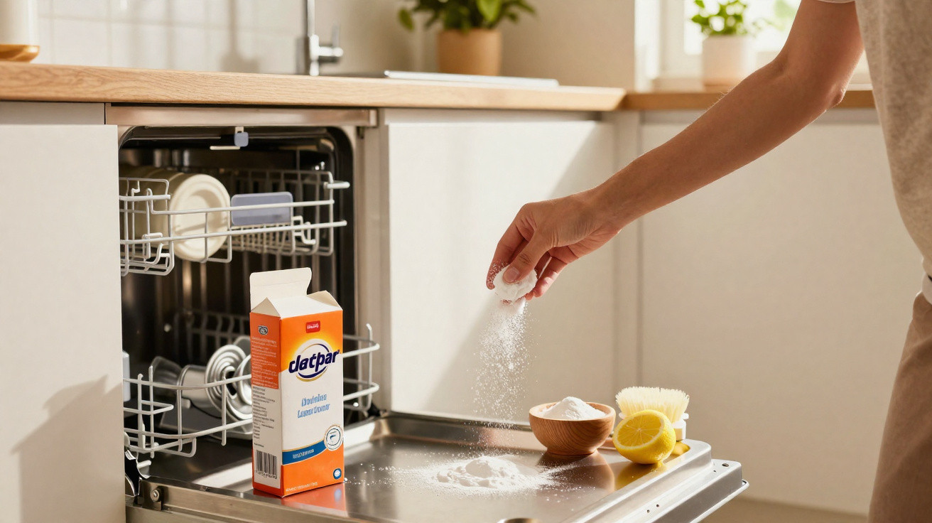 Pessoa polvilhando detergente em pó em uma máquina de lavar louça aberta na cozinha.