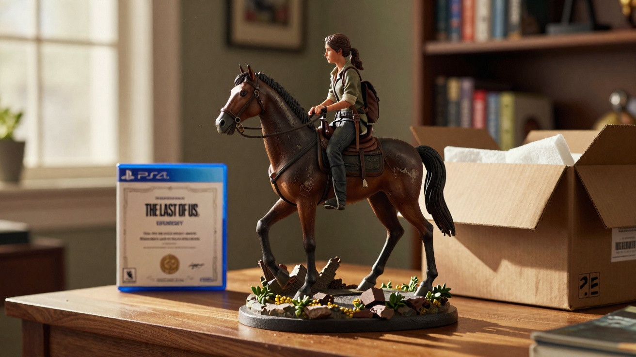 Miniatura de personagem feminina montada em cavalo sobre mesa com jogo The Last of Us e caixa de papelão ao fundo.