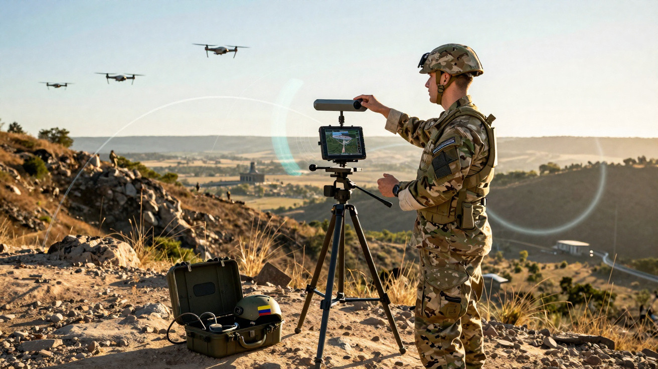 Militar em uniforme camuflado controlando drones com tablet em tripé no ambiente montanhoso ao pôr do sol.