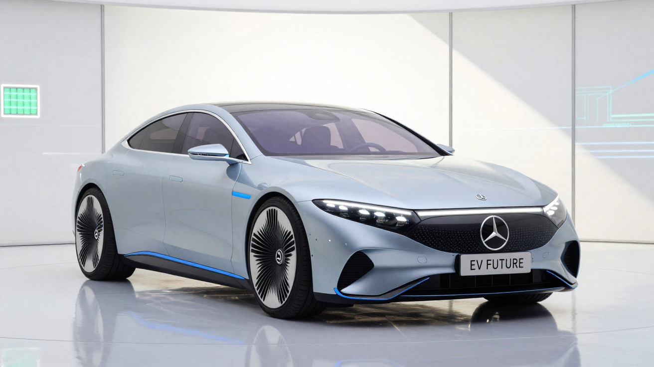 Carro elétrico Mercedes-Benz prata em estúdio, modelo futurista com design aerodinâmico e faróis LED.