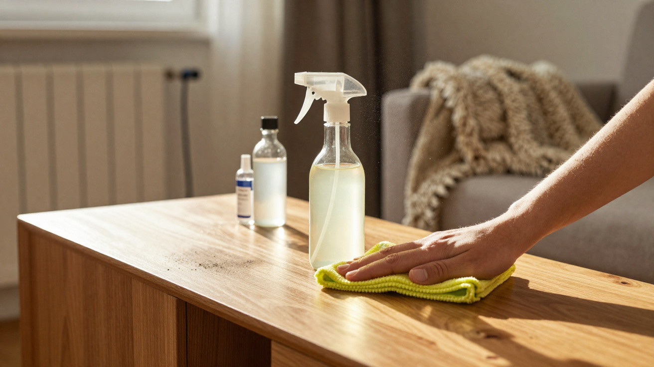 Mão limpando mesa de madeira com pano amarelo, spray e frascos de produto de limpeza ao fundo.