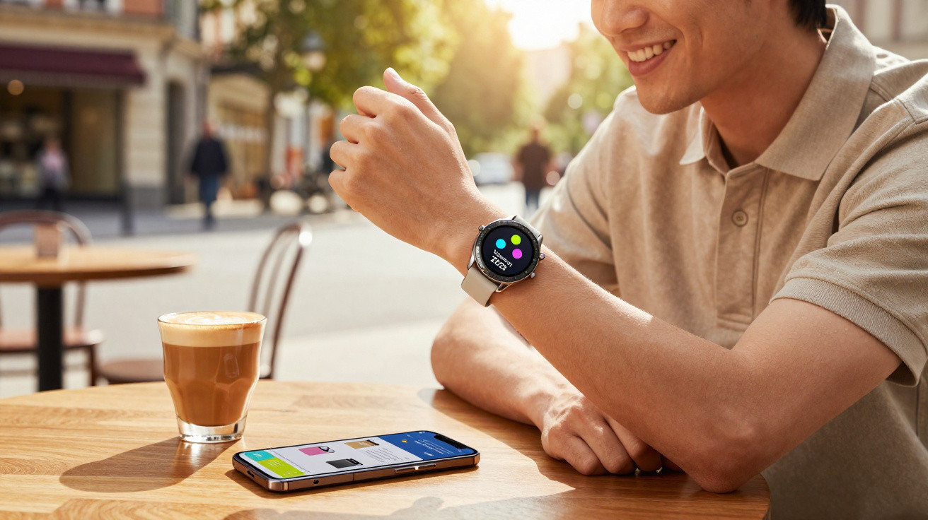 Pessoa usando relógio inteligente e com smartphone e café sobre mesa ao ar livre em dia ensolarado.