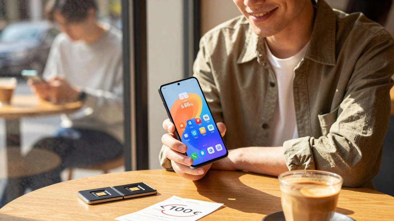 Homem sorridente mostrando um smartphone na mão em mesa de café com bebida e folheto.