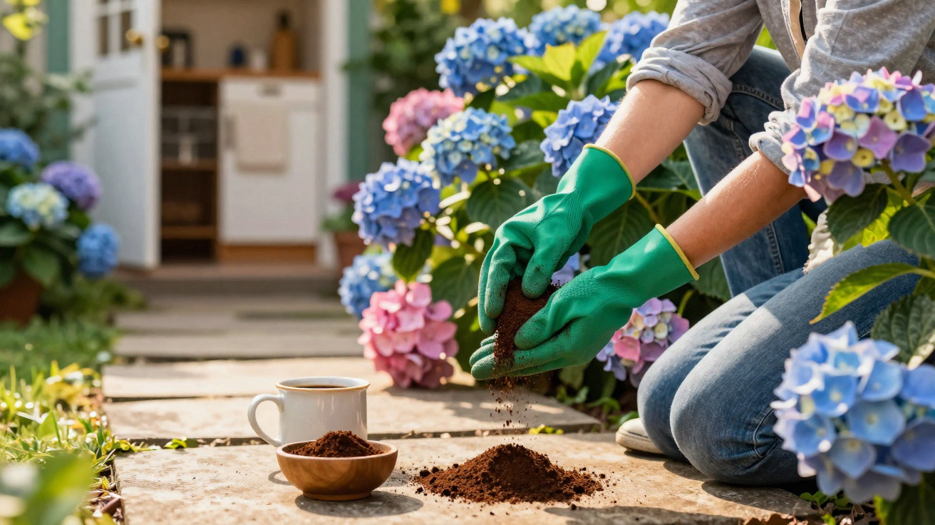 Pessoa com luvas verdes manipulando terra em um jardim florido com hortênsias azuis e rosas.