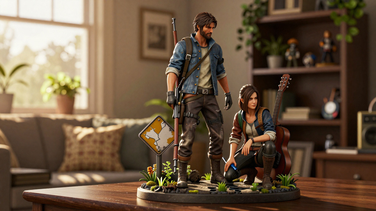 Estatueta de dois personagens com armas em base decorada com plantas, em mesa de sala iluminada.