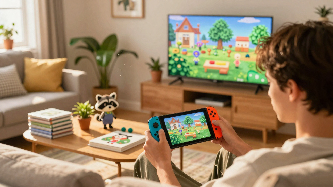 Pessoa jogando videogame Nintendo Switch com paisagem colorida na TV e no console em sala de estar.
