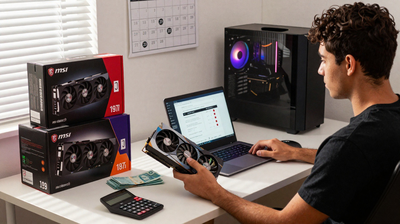 Homem sentado em mesa com placa de vídeo, calculadora, dinheiro e notebook na configuração de computador Gamer.