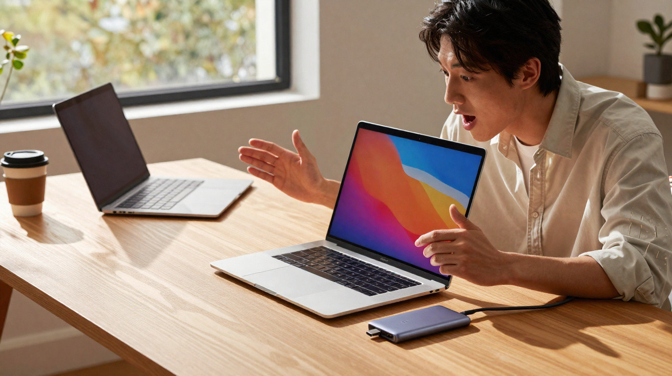 Homem usando laptop em mesa de madeira, com expressão surpresa e laptop adicional ao fundo.