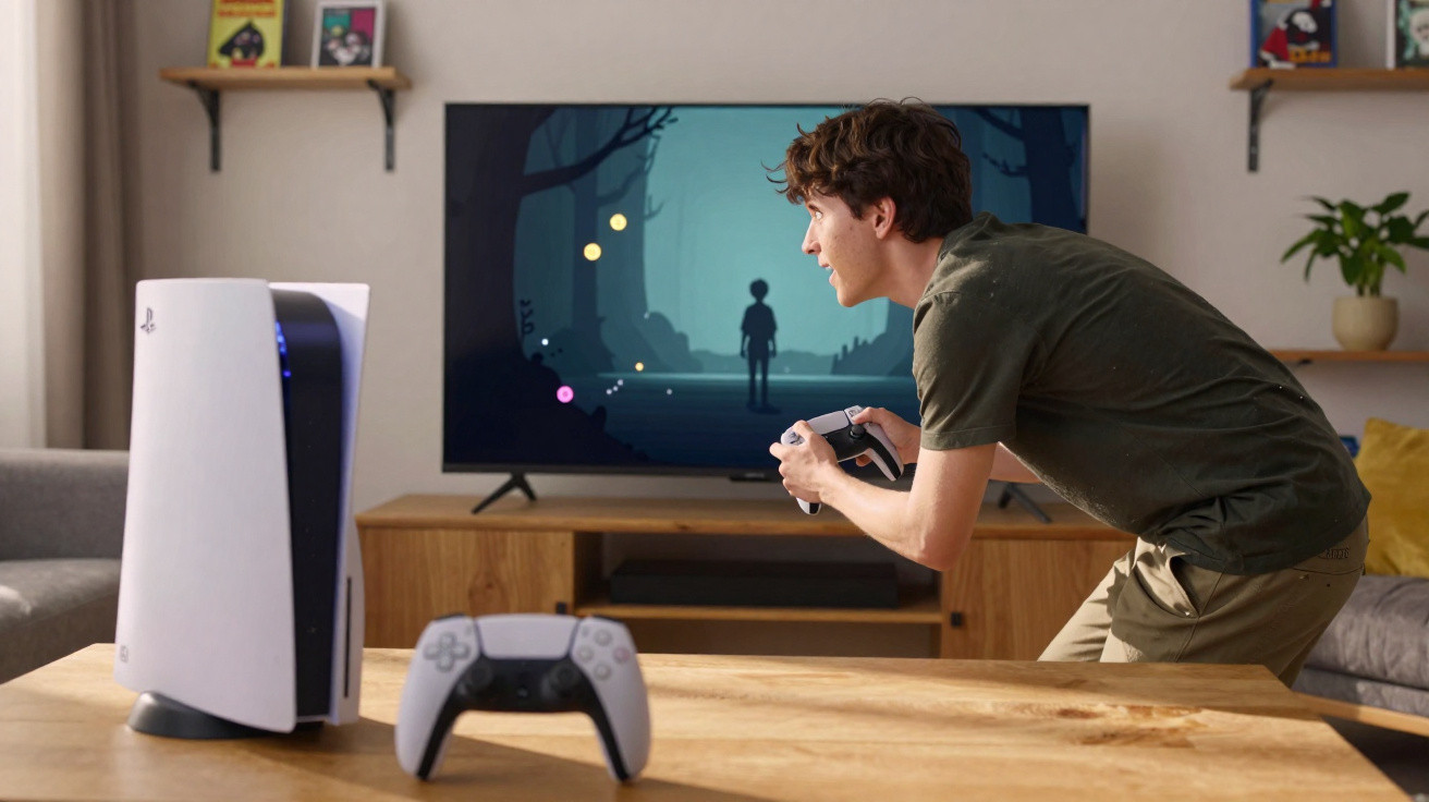 Jovem jogando videogame PS5, concentrado, com controle na mão e TV mostrando jogo ao fundo.