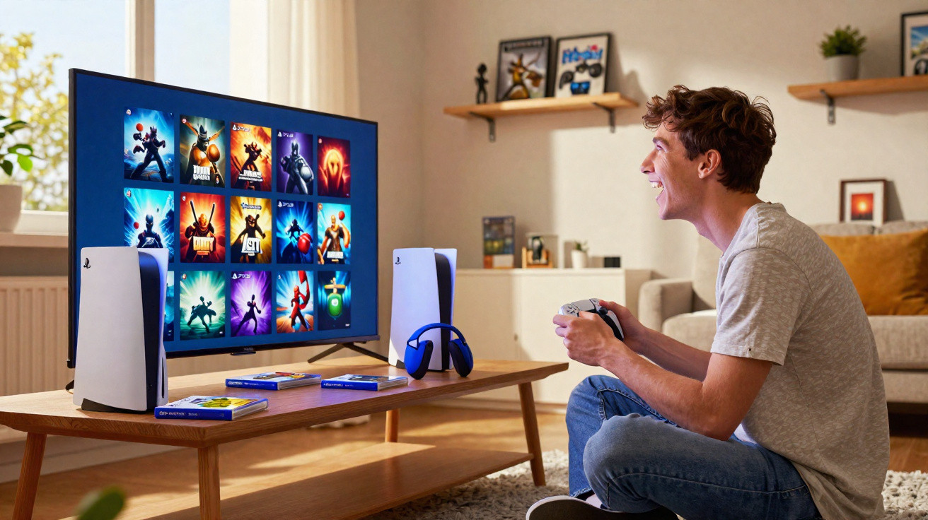 Jovem sorridente jogando videogame em console PlayStation 5 na sala de estar iluminada.