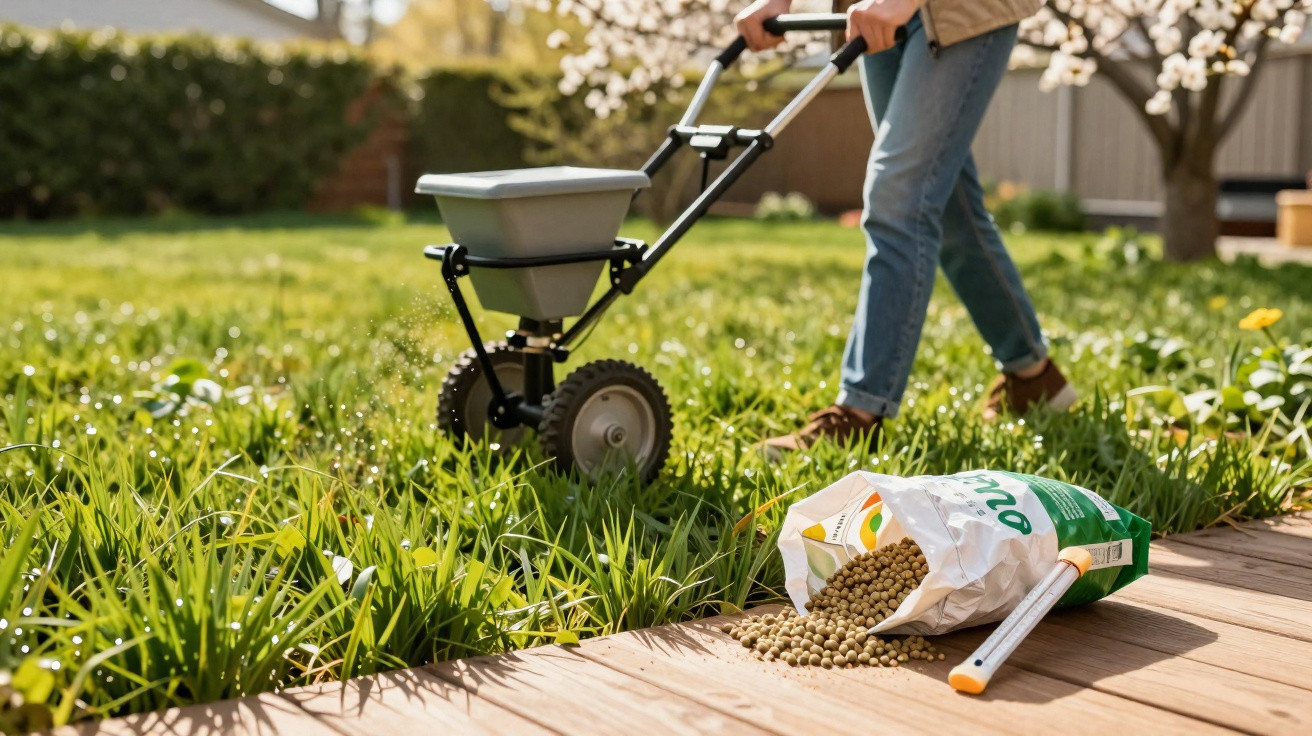 Pessoa aplicando fertilizante granular na grama com espalhador de mão em jardim ensolarado.