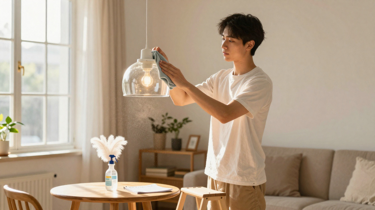 Jovem limpando luminária pendurada na sala bem iluminada, com mesa e sofá ao fundo.