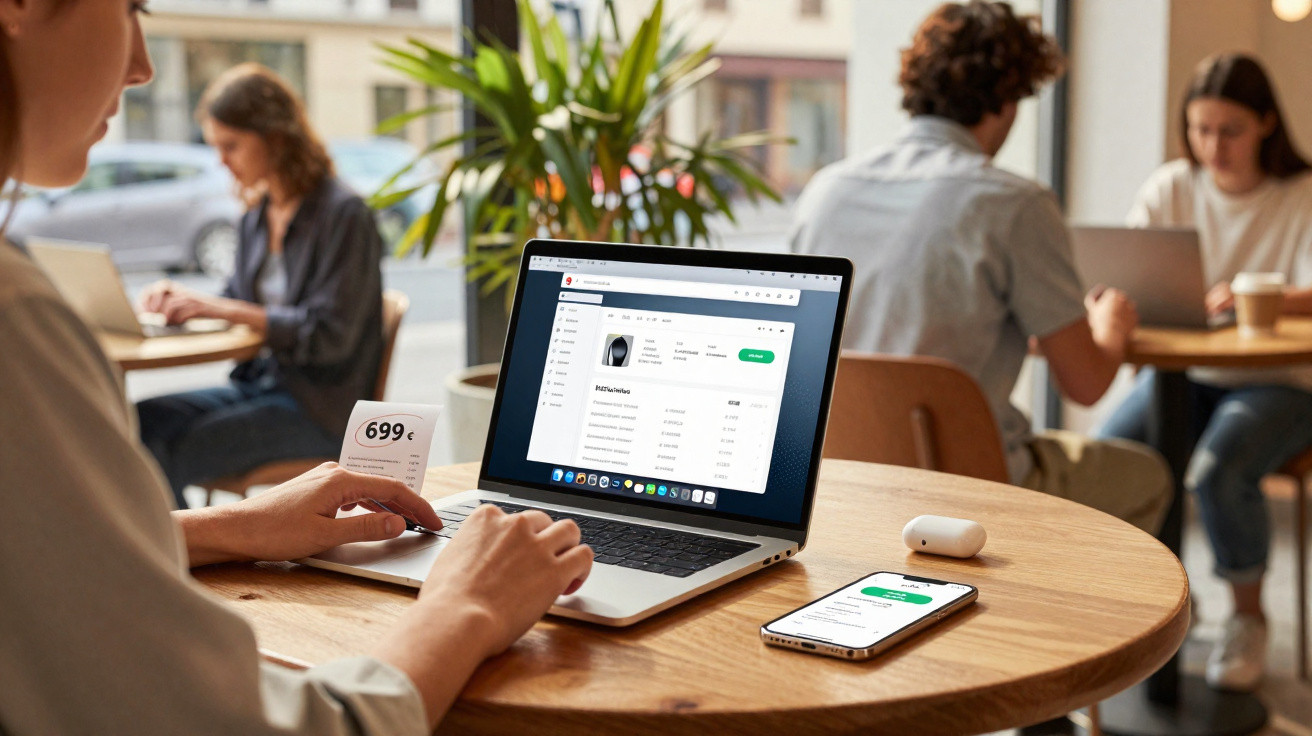 Pessoa trabalhando em laptop com página de compra aberta, celular e nota de preço em mesa de café.