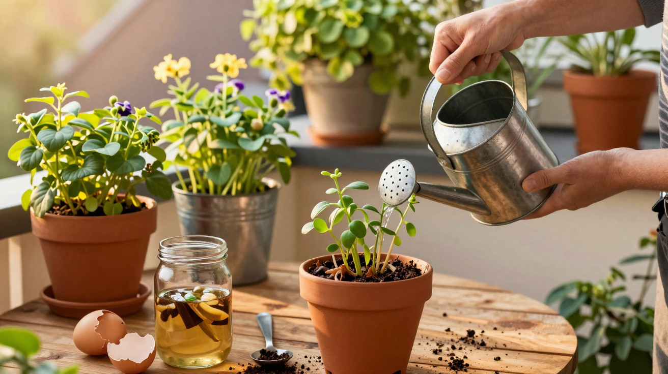Pessoa regando planta em vaso de barro em mesa de madeira com várias plantas e regador metálico.