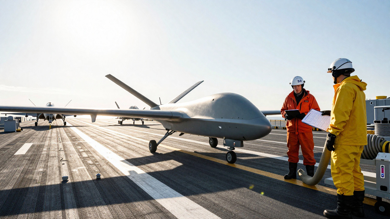 Drone militar cinza em pista com duas pessoas usando macacões e capacetes segurando documentos.