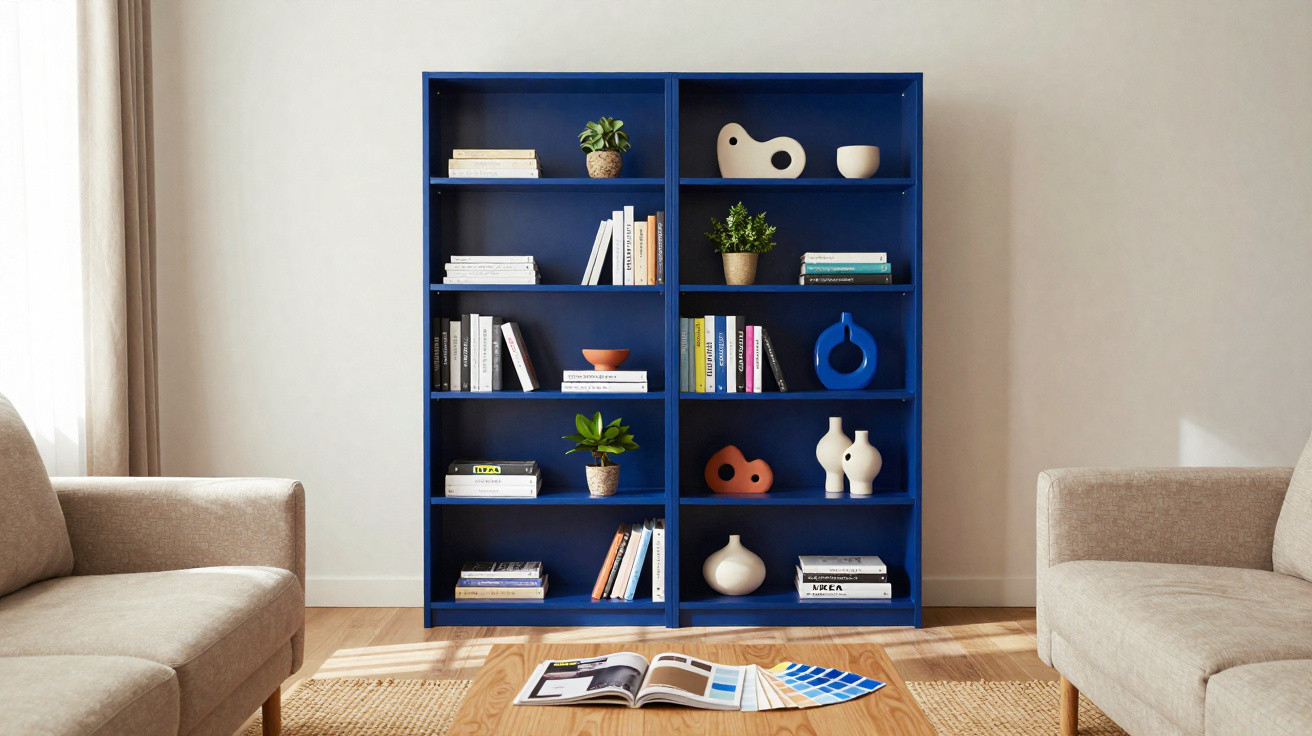Estante azul com livros, vasos e objetos decorativos entre dois sofás bege em sala iluminada.