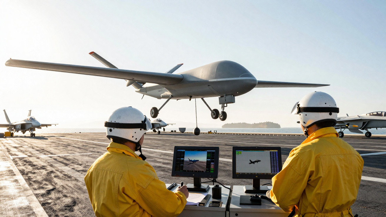 Dois militares observam drone decolando em porta-aviões ao amanhecer, com equipamentos de monitoramento.