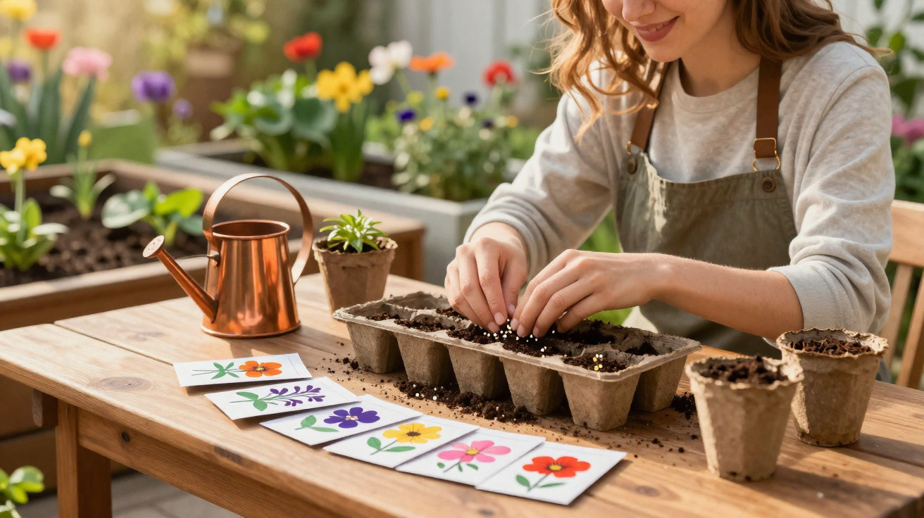 Mulher plantando sementes em bandeja de mudas com regador e cartões coloridos de flores na mesa.