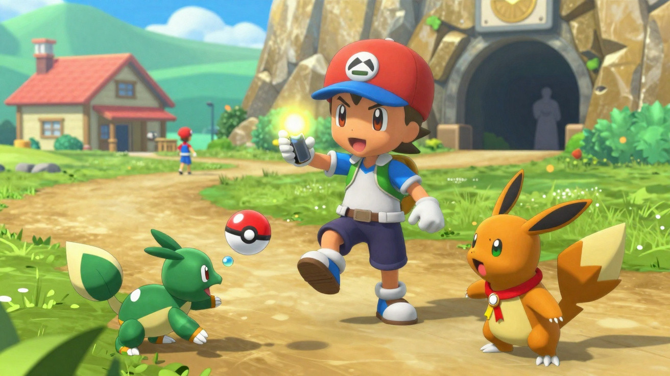 Personagem de boné vermelho com Pokémon Eevee e Grookey em caminho rural com casa e caverna ao fundo.