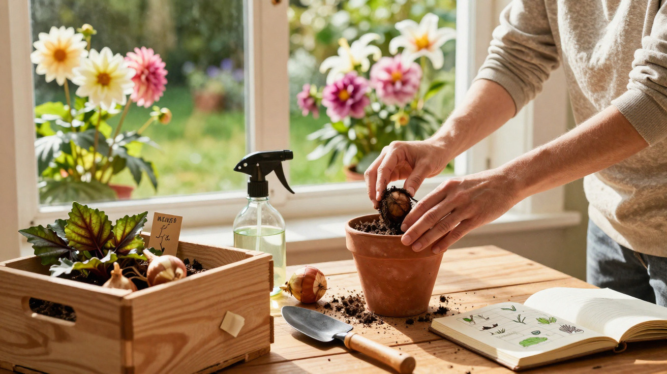 Pessoa plantando bulbo em vaso de cerâmica próximo à janela com flores e ferramentas de jardinagem sobre a mesa.