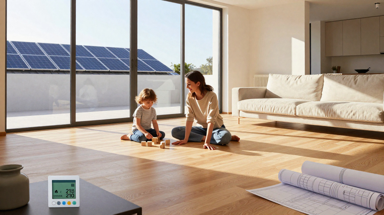 Mulher e criança brincando no chão de sala com painel solar na janela e planta da casa no chão.